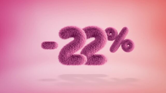 22% pink fluffy numbers and symbols on a simple gradient background with particles. Looping animation of 3D text countdown 22 percent sale