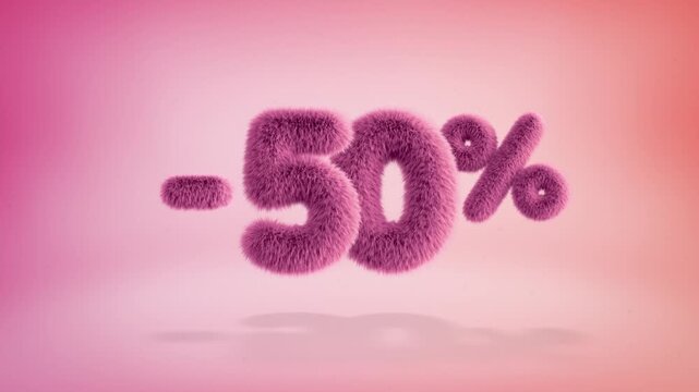 50% pink fluffy numbers and symbols on a simple gradient background with particles. Looping animation of 3D text countdown 50 percent sale