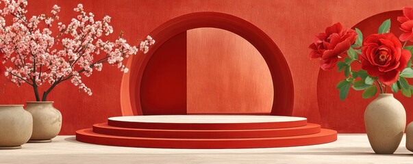Red backdrop stage with circular arch and floral decorations in Chinese style for events and celebrations