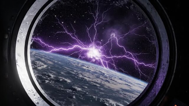 View of Earth and electrical storm through a spacecraft porthole