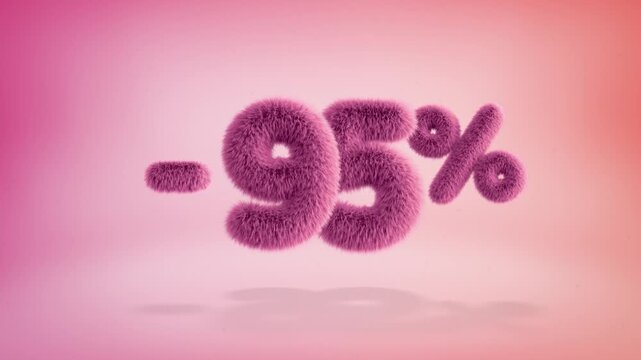 95% pink fluffy numbers and symbols on a simple gradient background with particles. Looping animation of 3D text countdown 95 percent sale