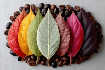 Colorful autumn leaves arranged with coffee beans on a gray wooden background for artful lifestyle imagery