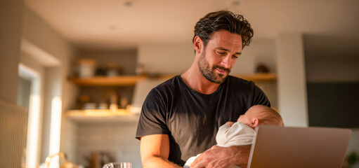 Father holds baby while working at home in kitchen during morning hours
