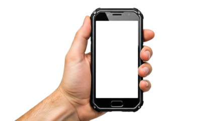 Hand gripping a durable, rugged smartphone with protective casing