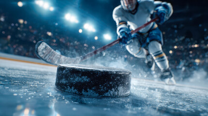 Player skates on ice while striking a puck during a hockey game in an arena at night with bright lights