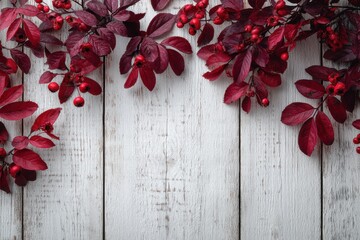 Red burgundy leaves border a white wooden background in a festive flat lay scene
