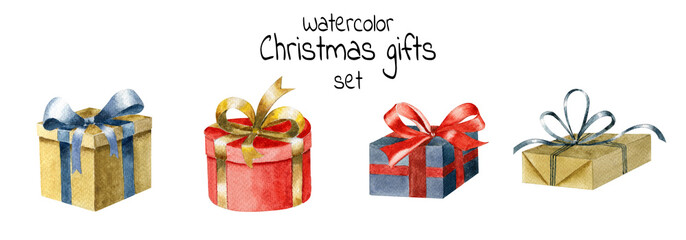 Watercolor holiday gift box set. Different colorful present. Craft, red and blue gift box. Satin ribbons and bows.