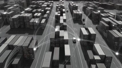 Aerial view of a large industrial shipping container yard with vehicles and a digital network overlay, representing global logistics and supply chain management. - Powered by Adobe