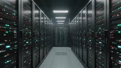 A long, illuminated corridor within a high-tech data center, showcasing rows of server racks with blinking lights, symbolizing vast digital information storage and processing. - Powered by Adobe