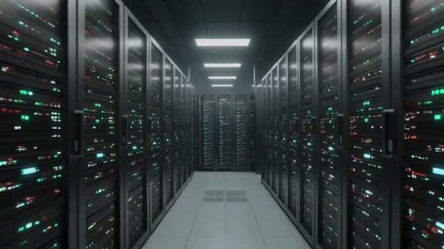 A long, illuminated corridor within a high-tech data center, showcasing rows of server racks with blinking lights, symbolizing vast digital information storage and processing.