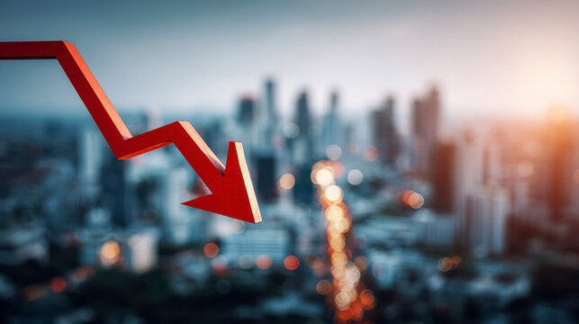 Market trends show decline in values as urban skyline stands in the background during late afternoon