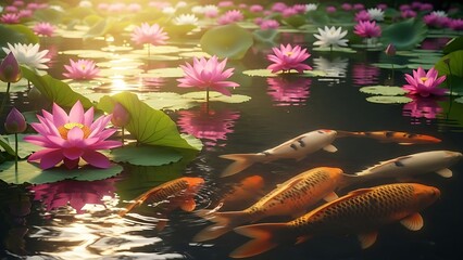 Vibrant Koi Fish and Pink Water Lilies in a Serene Pond Golden Hour Reflections.