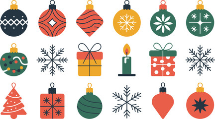 Christmas Ornament and Decoration Set with Baubles Snowflakes Gifts Candle Tree and Festive Holiday Elements Vector Illustration