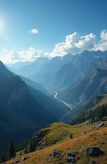 Fototapeta premium Vast mountain valley with winding river below, green hillsides, and clear blue sky overhead. Tall peaks recede into haze, sun shines brightly.