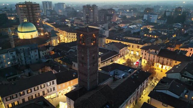 Night Aerial Video of Seregno with the Barbarossa Tower