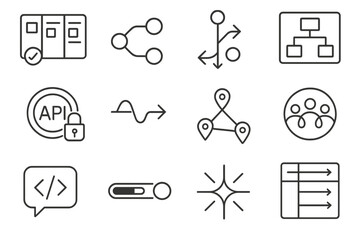 Engineering Collaboration Icons. Multi-Team Engineering Collaboration linear set: sprint board, linked commits, branching arrows, architecture tile, shared API token icon, sync