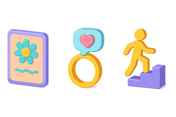 Stylish Coping Icons. Personal Coping Aids flat isometric set: calm-focus card, soothing reminder ring, support-step icon.