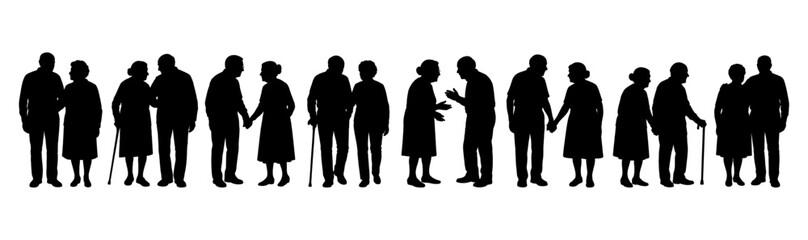 Vector illustration. An elderly couple of pensioners. A large set of people.	