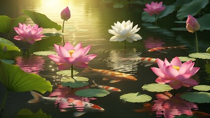 Vibrant Lotus Flowers and Koi Fish in a Tranquil Pond Bathed in Golden Sunlight.