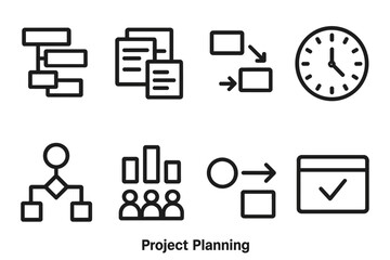 Project Planning Icons. Project Planning linear set: gantt blocks, task cards, dependency arrows, schedule clock, workflow diagram, resource chart, kickoff point, deliverable box.
