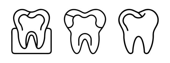 A set of three tooth icons in different styles and views line drawing
