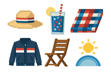 Independence Day Icons. Independence Day Seasonal Lifestyle set of icons in flat pixel vector style: summer hat, cool drink, picnic mat, light jacket, garden chair, sunny sky arc.