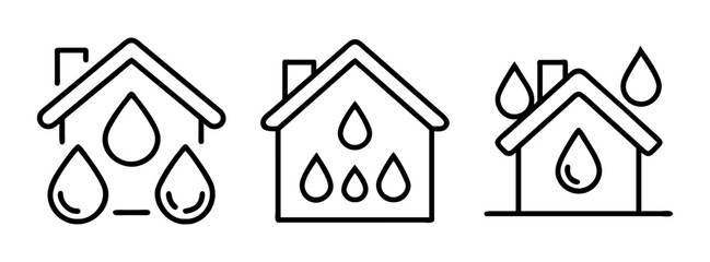 Three black line icons of houses with raindrops on the roof and side © PURE VECTOR WORK