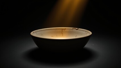 A cracked porcelain bowl sits in shadow, illuminated by a single, focused beam of light. The bowl's interior shows subtle curvature and texture, set against a dark, expansive background.