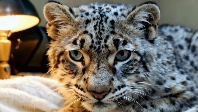 Snow leopard close up portrait with intense gaze and natural texture
