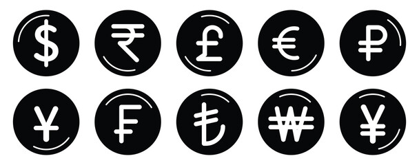 Currency symbols icons set with label. Dollar, Euro, Pound, Rupee, Franc, Ruble, Yen, Won black and white color vector illustration. Money icon set. Dollar and Euro symbol. showing online payment. 