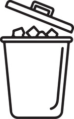 Black outline of an open trash can filled with crumpled paper on transparent background garbage bin wastebasket