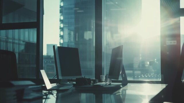 Video A desk setup featuring two computer monitors and a laptop