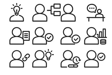 Team Roles Icons. Collaborative Team Functions linear set: vision setter, workflow organizer, meeting host, documentation keeper, problem solver, data reviewer, stakeholder liaison