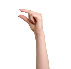 Woman showing size of something on white background, closeup