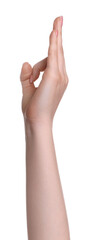Woman showing okay gesture on white background, closeup