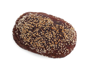 Delicious fresh rye bread with sesame seeds isolated on white, top view