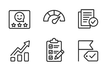 Assessment Icons Set. Assessment & Feedback Tools linear set: feedback card, rating dial, edit icon, compare sheets, improvement arrow, checklist clipboard, comment flag, final