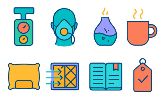 Pulmonary Wellness Tools. Pulmonary Wellness Practices Tools flat set: spirometer shape, mask symbol, humidifier, warm mug, pillow support, airflow filter, journal page, reminder