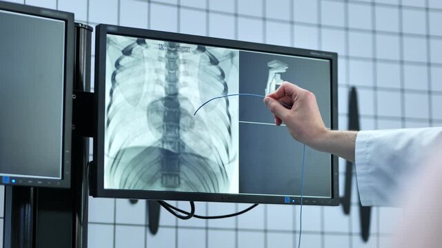 Surgeon guiding catheter on screen with x-ray for advanced medical procedure