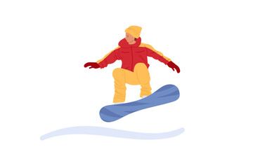 Snowboarder in winter gear jumps off slope with blue snowboard in snowy area. Winter Landscape During Daytime