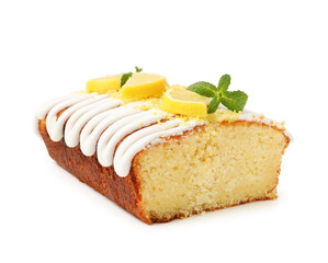 Delicious lemon cake with glaze, fresh fruit slices and mint isolated on white