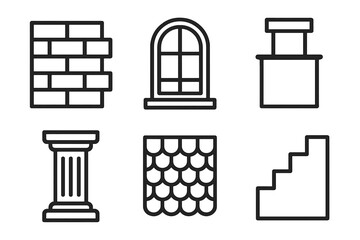 Iconic Building Outline. Building Exterior Set linear set: brick wall section, arched window, chimney top, porch pillar, roof tile pattern, entry stair.