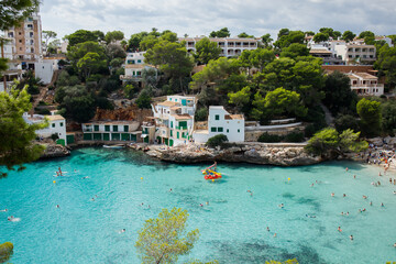 Cala Santanyi bay beach panoramic view in sunny day. Mallorca island in Spain.
