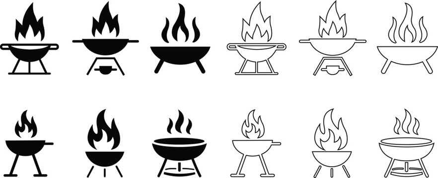 Barbecue grill fire pit icon set outdoor cooking vector