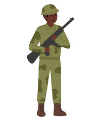 Soldier dressed in camouflage uniform holds rifle while standing at attention during training exercises at military base.