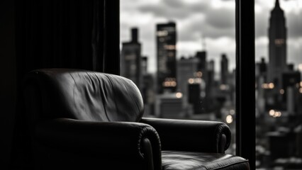 A black armchair faces a blurred cityscape reflected in a window. The chair's texture is prominent, suggesting age and luxury. The view creates a sense of distance and introspection.