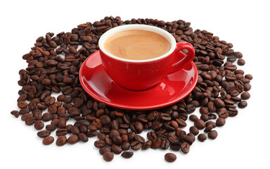 Aromatic coffee in cup and beans isolated on white