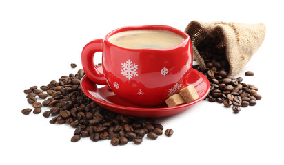 Aromatic coffee in cup, beans and brown sugar isolated on white