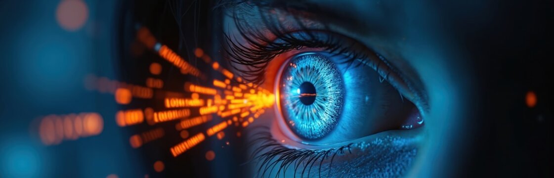 Close-up of blue human eye with glowing iris, pupil. Orange digital data streams from eye. Eye surrounded by dark background with blue, orange light. Concept of surveillance, cyber security,