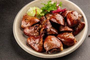 Heart turkey roasted offal poultry meat tasty snack fresh delicious gourmet food table background rustic food top view copy space